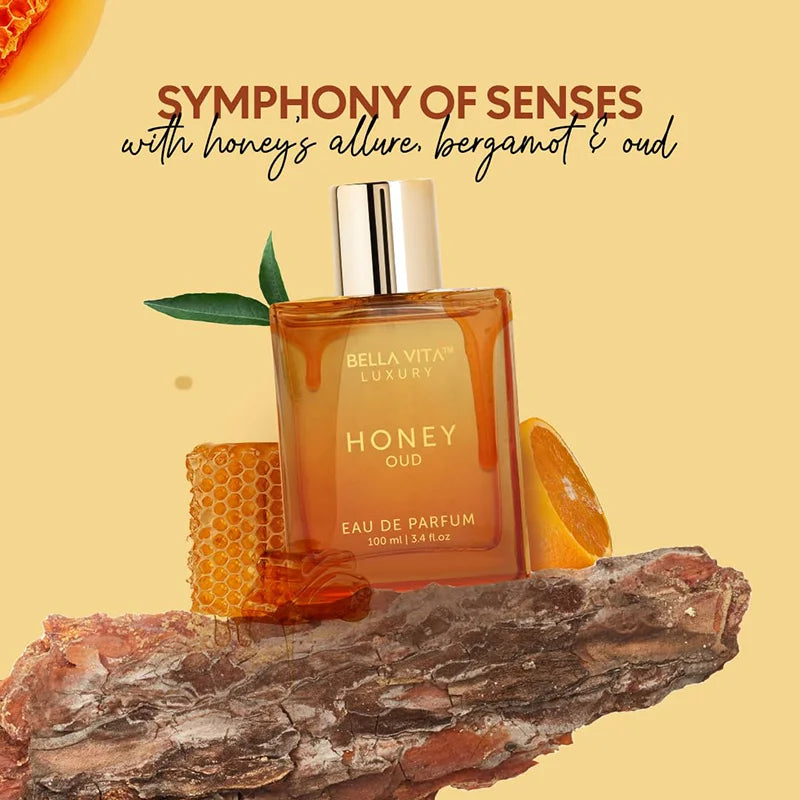 Blushimmer BellaVita Luxury Honey Oud Eau de Parfum bottle with elegant design, showcasing a long-lasting unisex fragrance.
