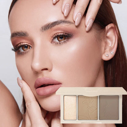 Blushimmer 3-in-1 contouring powder palette with easy-to-blend shades for highlighting and contouring, long-lasting and complexion-enhancing
