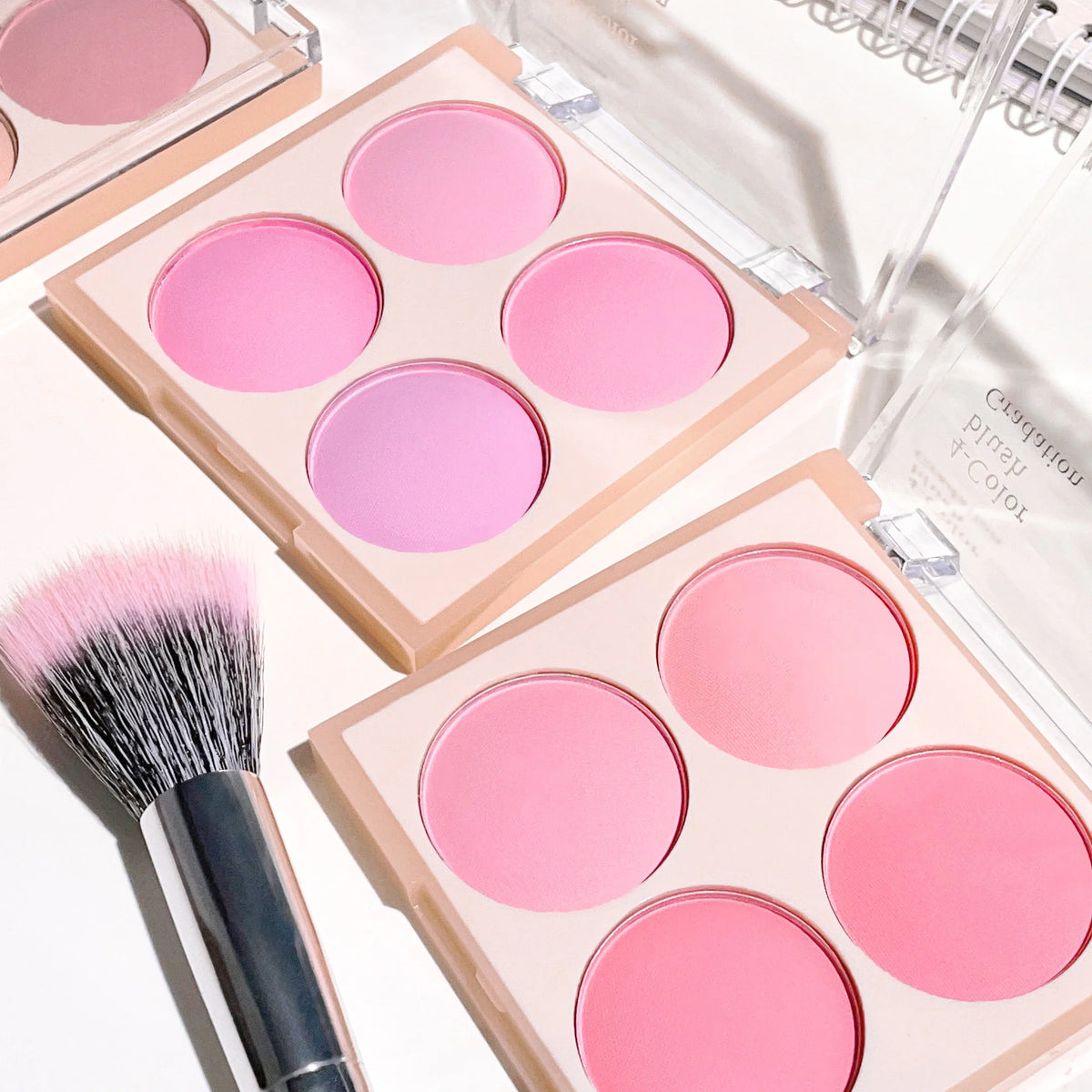 Blushimmer 3-piece matte blush powder set in four soft colors, perfect for natural, three-dimensional face makeup application.