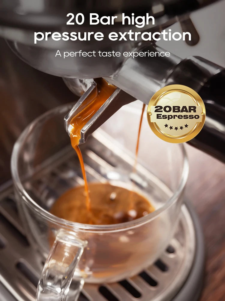 HiBREW 20Bar semi-automatic espresso coffee machine with sleek design, temperature control, and a built-in cappuccino frother.