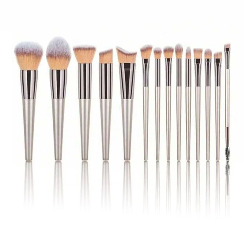 Blushimmer 14-piece synthetic makeup brush set with various brushes for foundation, powder, concealers, eyeshadow, and blush.