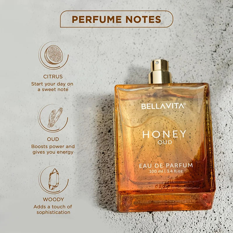 BellaVita Luxury Honey Oud Eau de Parfum by Blushimmer, 3.4 oz., long-lasting unisex fragrance with a honey and oud scent.