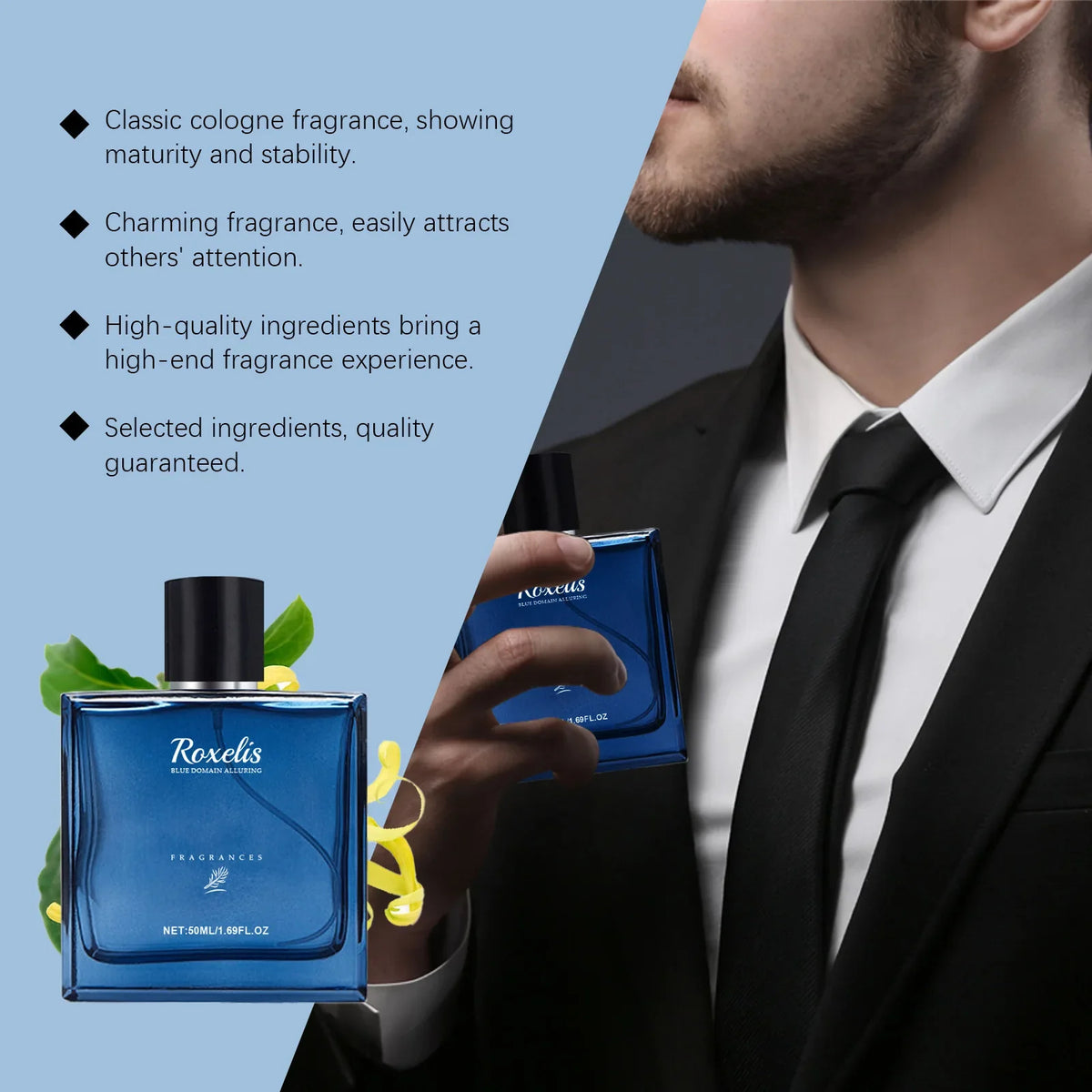 Roxelis 50ml Charmig Cologne perfume spray for men by Blushimmer, featuring a sleek blue bottle and elegant design.