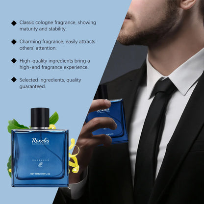 Roxelis 50ml Charmig Cologne spray for men by Blushimmer, featuring a sleek blue bottle and elegant fragrance design.