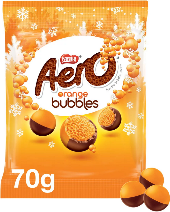 Nestle Aero Orange Bubbles pouch, 70g, showcasing vibrant orange chocolate bubbles in a resealable bag.