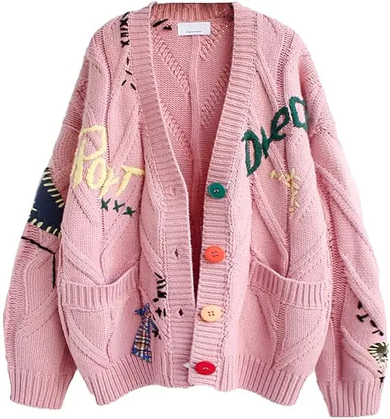 Women's Cable Knit Long Sleeve Open Front Cardigan Sheep V-Neck Button Down Embroidery Wool Blend Sweater Coat Outwear