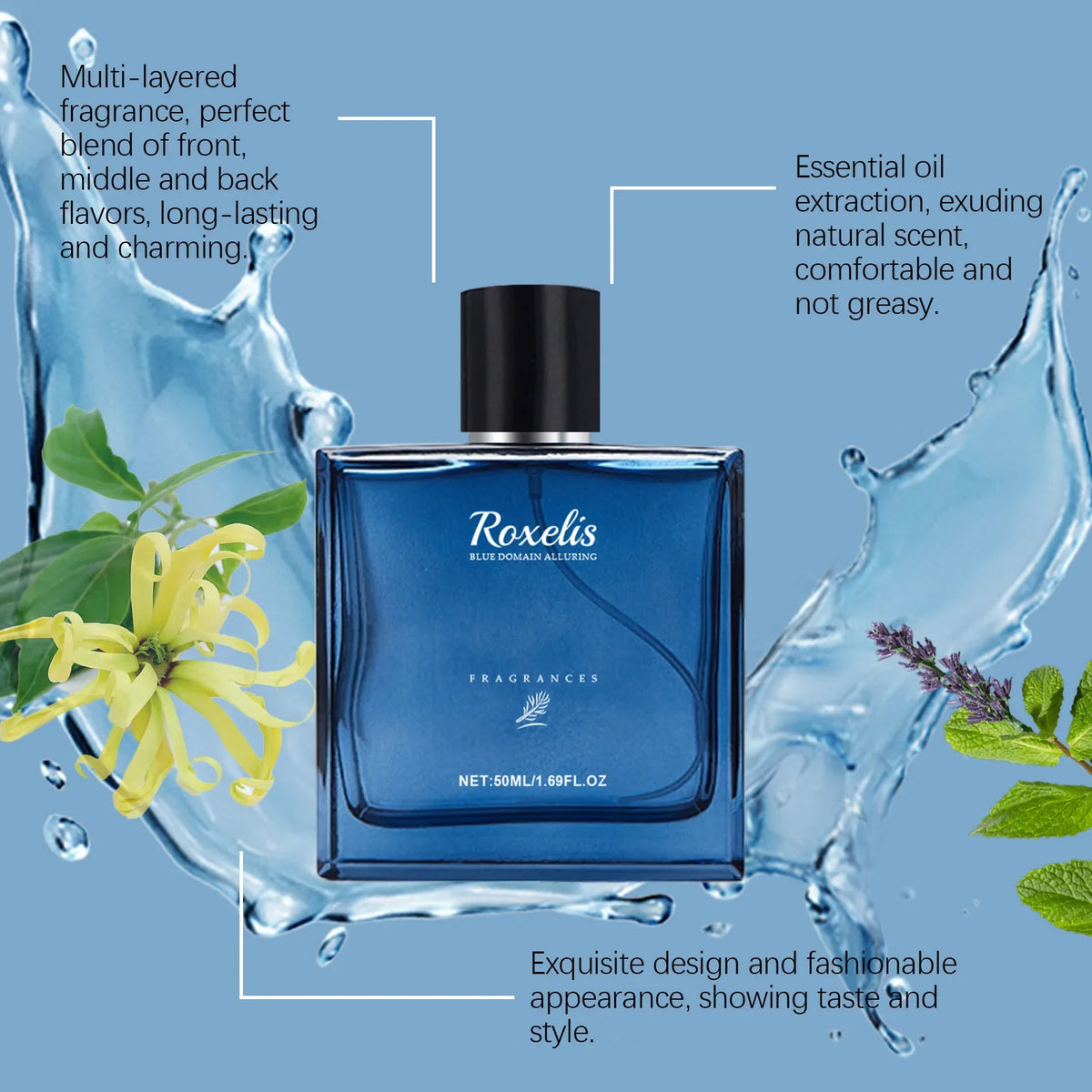 Blushimmer Roxelis 50ml men's Cologne Spray with blue domain fragrance, lasting scent, pheromones, romantic and flirting perfume