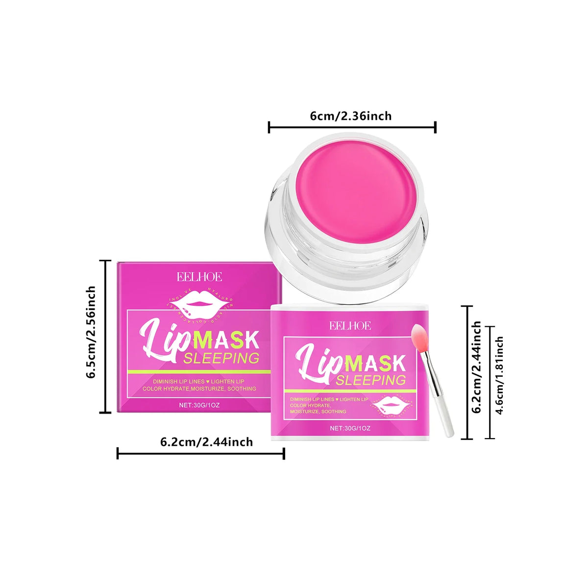 Blushimmer Eelhoe 30g plumping lip mask with moisturizing, anti-cracking, and brightening properties, shown in a jar with a smooth lip application