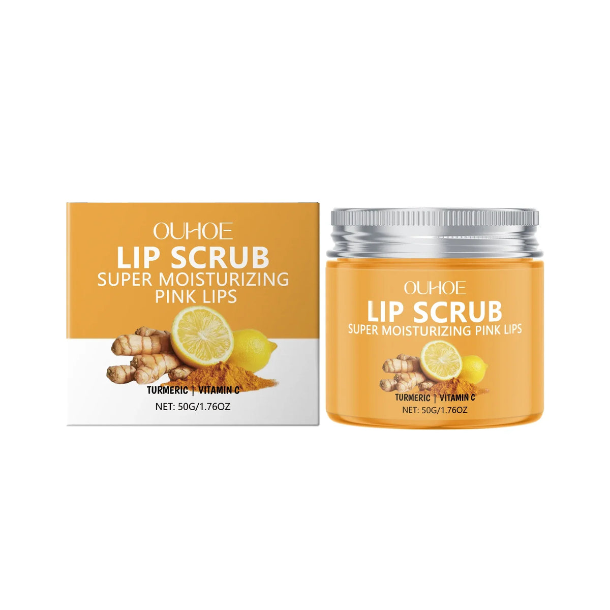 Blushimmer Ouhoe 50g turmeric lip scrub jar showing the nourishing exfoliating lip scrub with turmeric and natural ingredients.