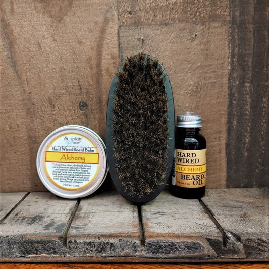 Soaplicity Beard-Pro gift set featuring wired beard oil, balm, and brush for grooming and styling a full beard.