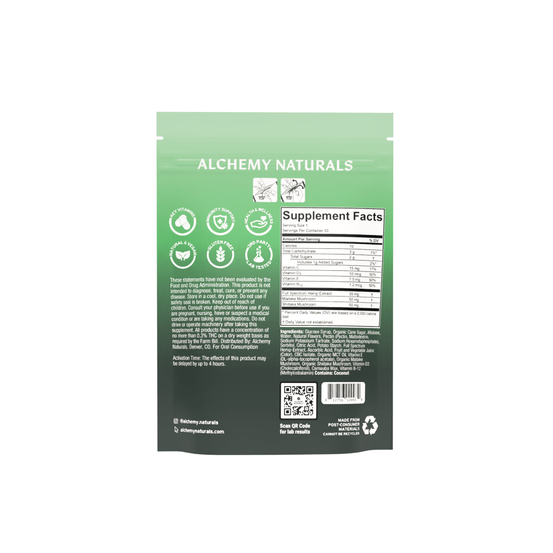 20-pack of Alchemy Naturals hemp-derived CBD multi-vitamin gummies with colorful, fruit-flavored edible gummies in a resealable bag