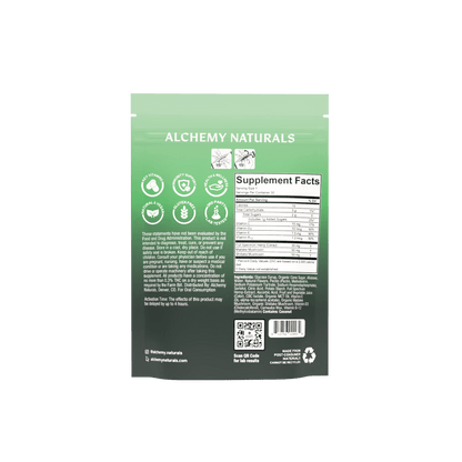 20-pack of Alchemy Naturals hemp-derived CBD multi-vitamin gummies with colorful, fruit-flavored edible gummies in a resealable bag