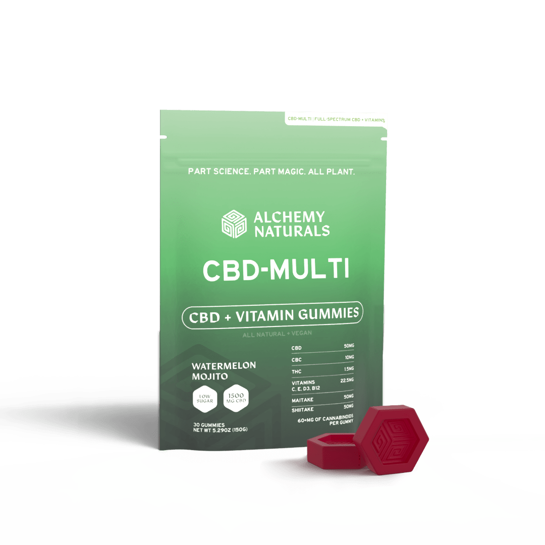 20-pack of hemp-derived CBD multi-vitamin gummies by Alchemy Naturals, colorful fruit-flavored CBD edible supplements.