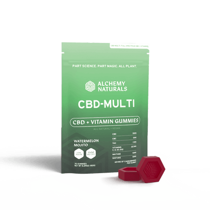 20-pack of hemp-derived CBD multi-vitamin gummies by Alchemy Naturals, colorful fruit-flavored CBD edible supplements.