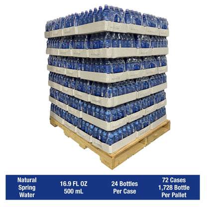BackupsMyFilesNow Alexa Springs bottled spring water, 500ml bottles, 24 per case, stacked on a pallet, 1728 bottles total.