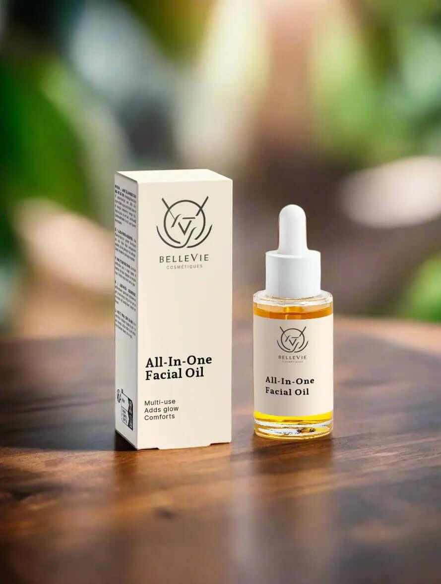 BelleVie Cosmétiques anti-aging facial oil in a 30ml bottle, designed for deep hydration and radiant skin.