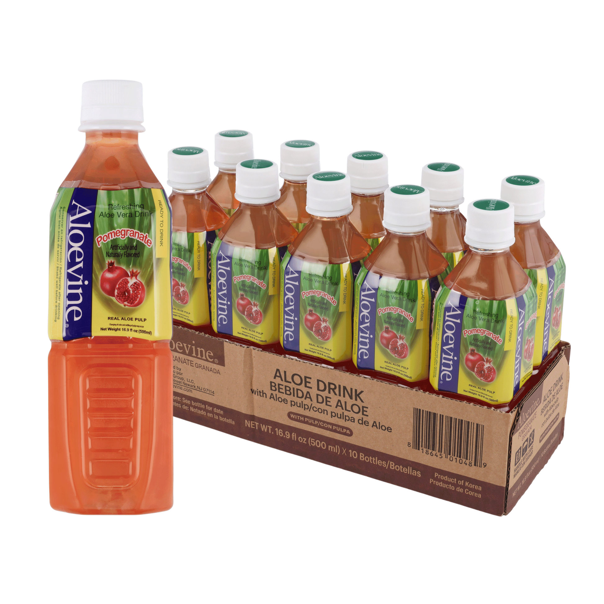 Aloevine Pomegranate Aloe Vera Drink with Aloe Pulp, 16.9 Fl Oz, 20 Count Bottles