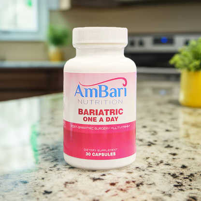 AmBari Nutrition bariatric one-a-day multivitamin supplement bottle with colorful label and tablets inside.