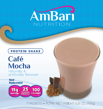 AmBari Nutrition Cafe Mocha Shake in a glass, showcasing a creamy coffee-flavored protein shake with a mocha swirl.