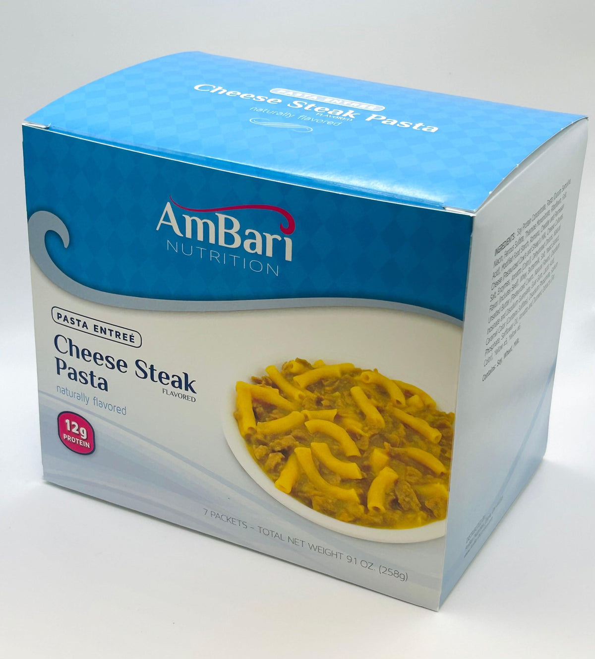 AmBari Nutrition CheeseSteak Pasta meal with visible pasta and cheese sauce, high-protein foods for a hearty, flavorful dish.