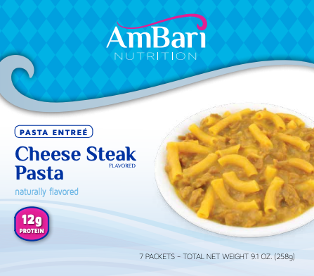 AmBari Nutrition CheeseSteak Pasta meal box with creamy cheese sauce, pasta, and seasoned beef chunks.
