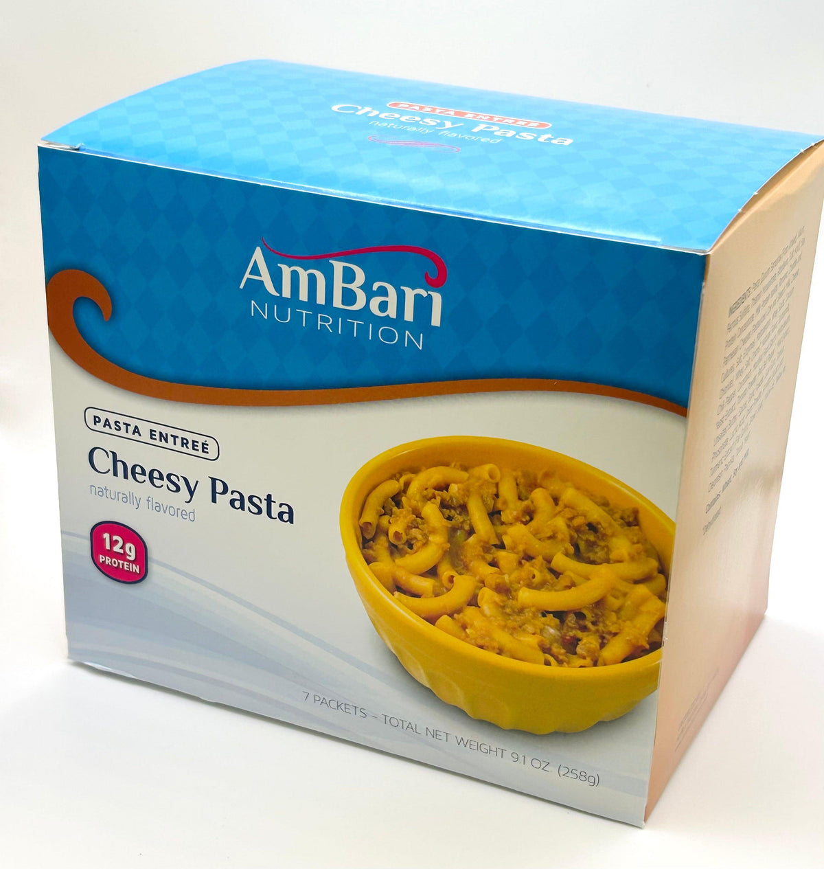 AmBari Nutrition cheesy pasta meal with creamy cheese sauce and cooked pasta on a plate, ready to serve.
