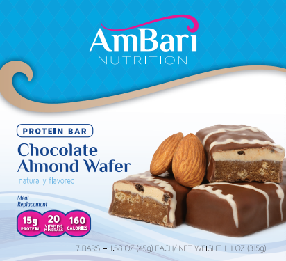 Box of AmBari Nutrition Chocolate Almond Wafer Bars, protein bars with chocolate and almond flavor, displayed in a box.