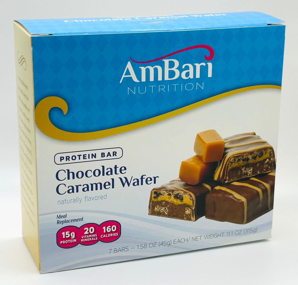 Box of AmBari Nutrition chocolate caramel wafer bars showing multiple chocolate-coated wafer bars inside the box.
