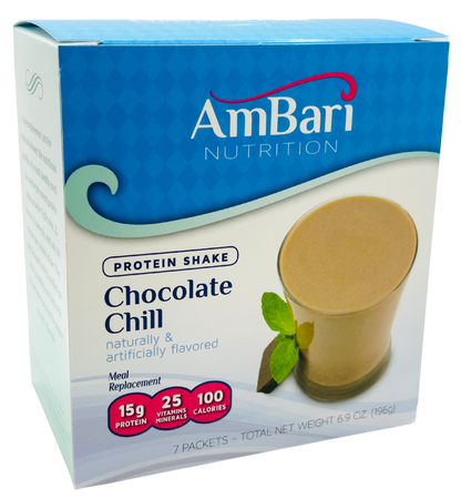 Chocolate Chill Mint Shake by AmBari Nutrition, a creamy chocolate and mint flavored protein shake in a 15g serving.