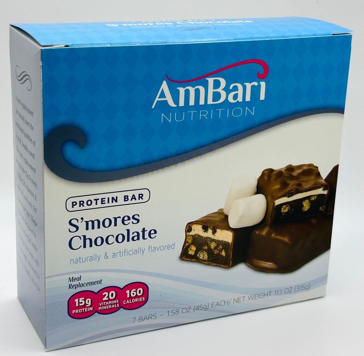 AmBari Nutrition S'mores chocolate marshmallow protein bar showing a crunchy bar with chocolate, marshmallow, and graham cracker pieces.
