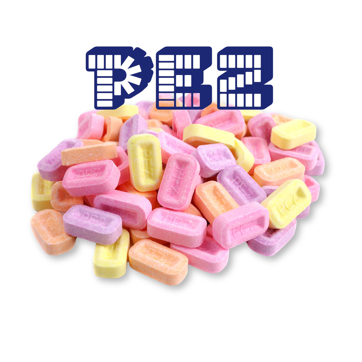 Unwrapped PEZ mixed fruit flavored candies in bulk bag, colorful candy pieces from Candy In Bulk.