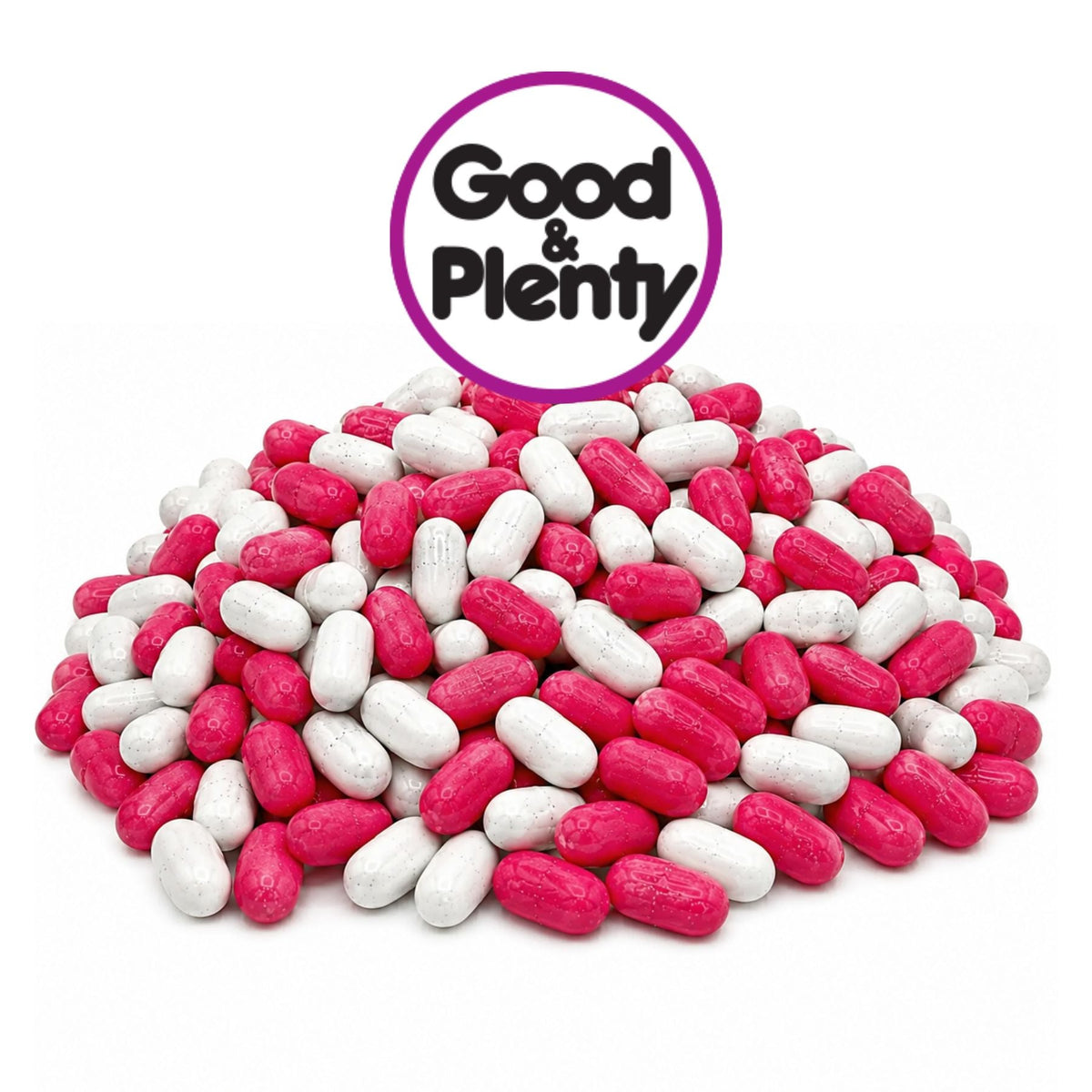 Soft and chewy Good & Plenty licorice candies in a bulk value bag from Candy In Bulk, showing colorful candy pieces.