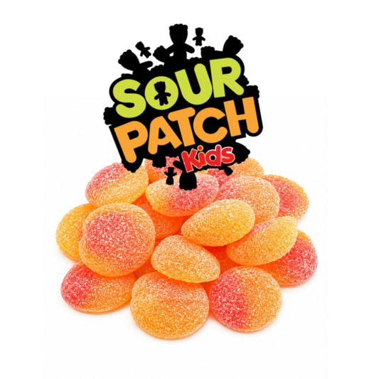 Peach Sour Patch Kids soft and chewy candy in a bulk value bag by Candy In Bulk, featuring colorful peach-flavored gummies.