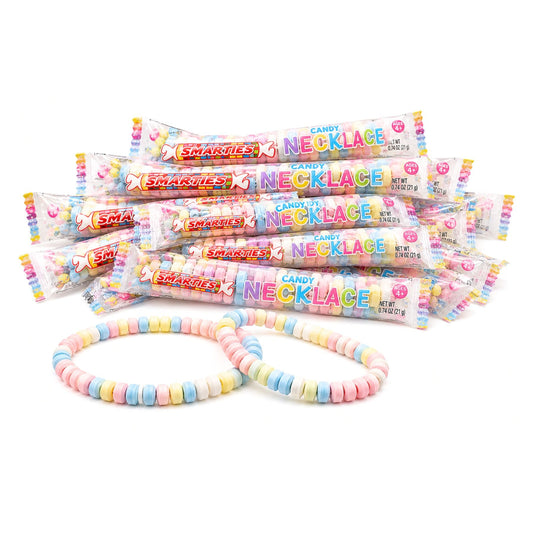 Colorful Smarties candy necklace from Candy In Bulk with individually wrapped candies, perfect for snacking or parties.