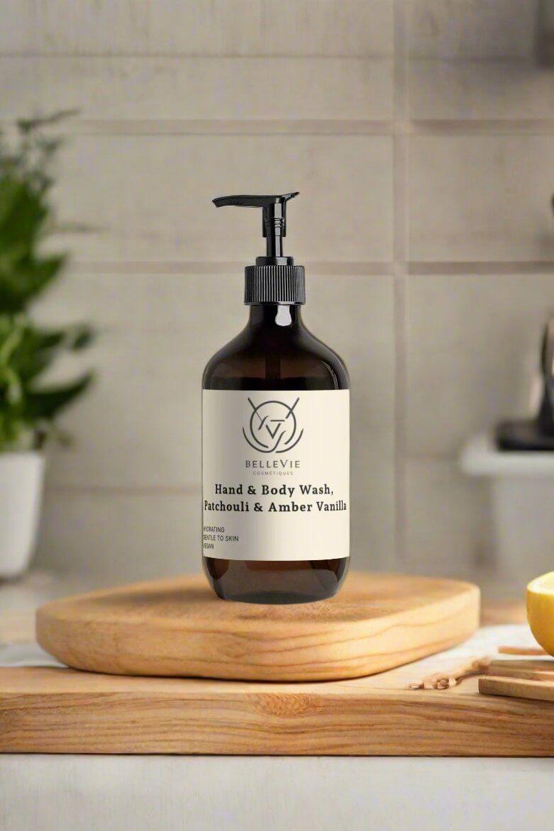 Belleviecosmetic Amber Vanilla hand and body wash in a 490ml bottle with a warm patchouli and amber vanilla scent.