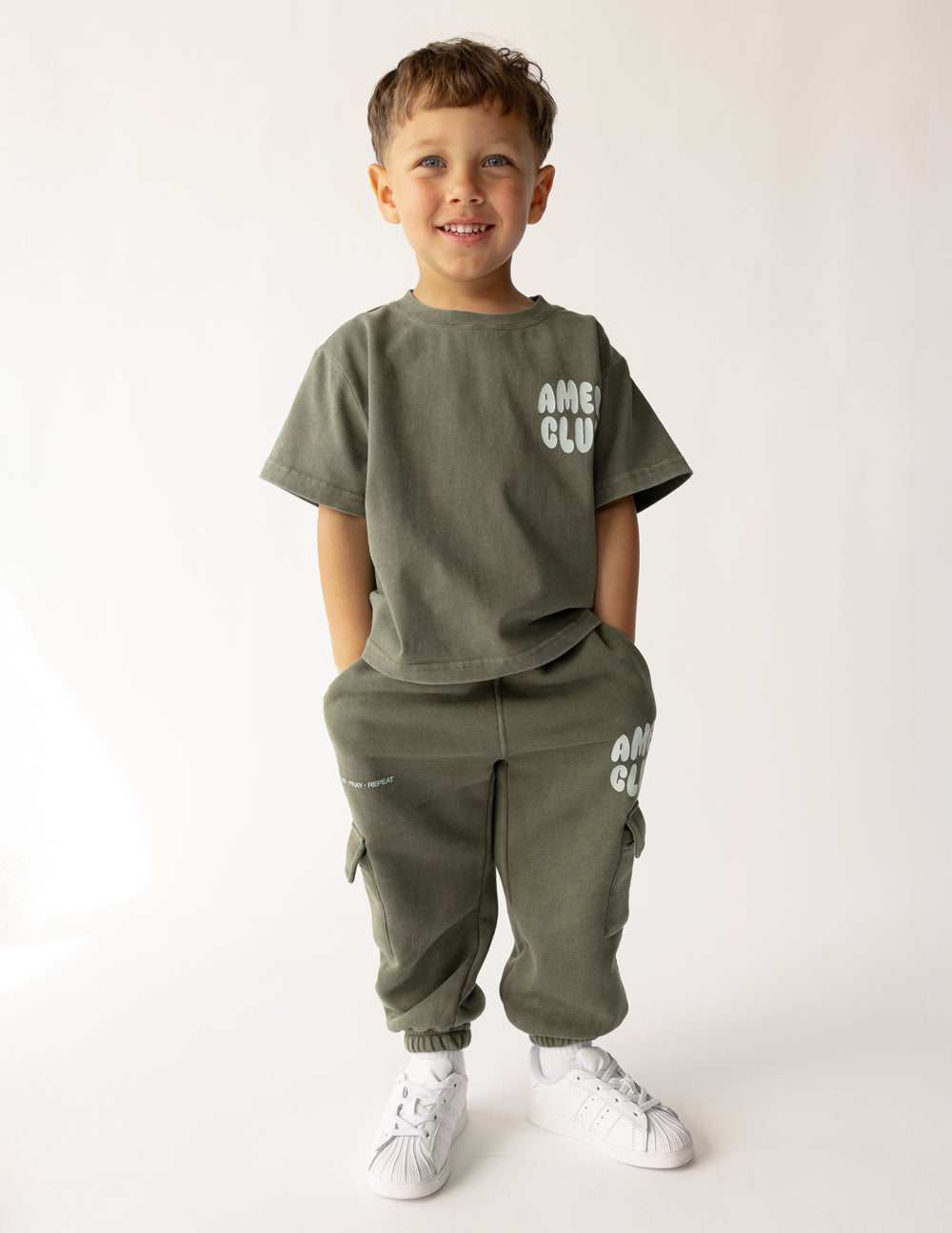 Kids cargo sweatpants by Elevated Faith, Amen Club, featuring a comfortable fit with multiple utility pockets and casual style.