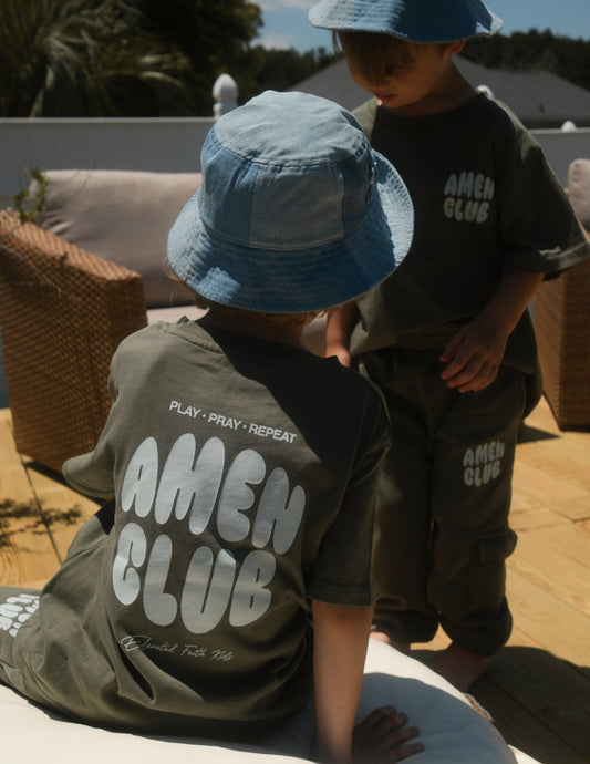 Elevated Faith Amen Club kids T-shirt with colorful graphic design, soft cotton fabric, and comfortable fit for children.