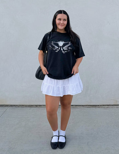 Elevated Faith Angels Heavyweight Tee, a casual black T-shirt featuring a bold angel graphic design on the front.