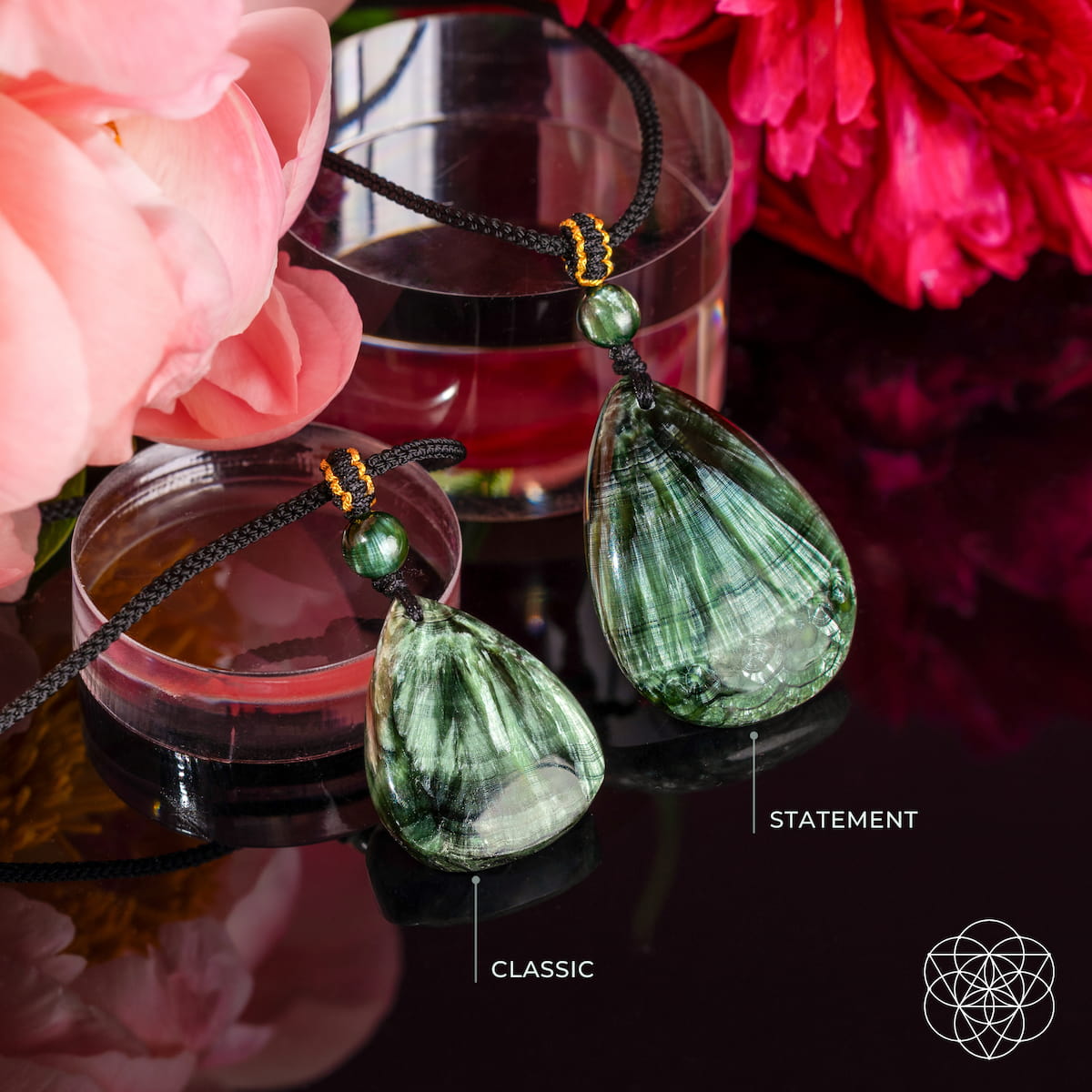 Seraphinite pendant necklace called The Angel By My Side from Conscious Items, featuring a polished rare green gemstone.