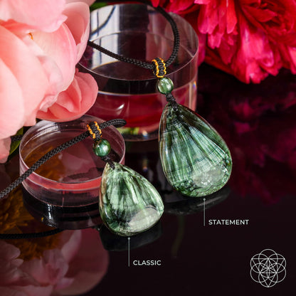 Seraphinite pendant necklace called The Angel By My Side from Conscious Items, featuring a polished rare green gemstone.