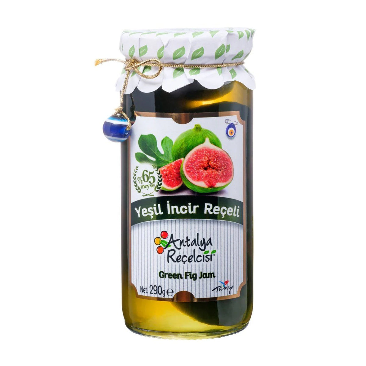S101 Antalya Green Fig Jam 290g jar with vibrant green figs and glossy texture, showcasing fresh fruit and rich jam consistency.