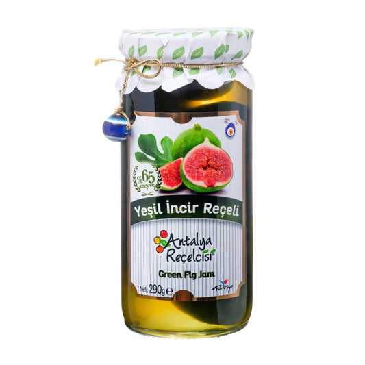 S101 Antalya Green Fig Jam 290g jar with vibrant green figs and glossy texture, showcasing fresh fruit and rich jam consistency.