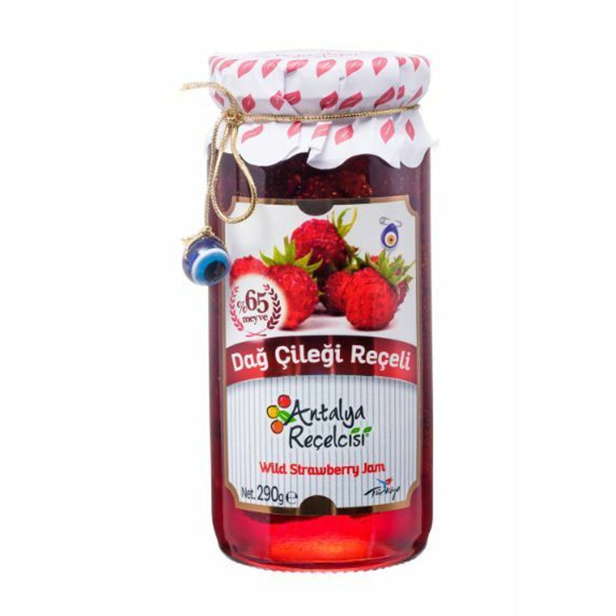 S101 Antalya Wild Strawberry Jam jar, showcasing the label and jar size, 12-pack of 290g jars with fresh strawberry imagery.