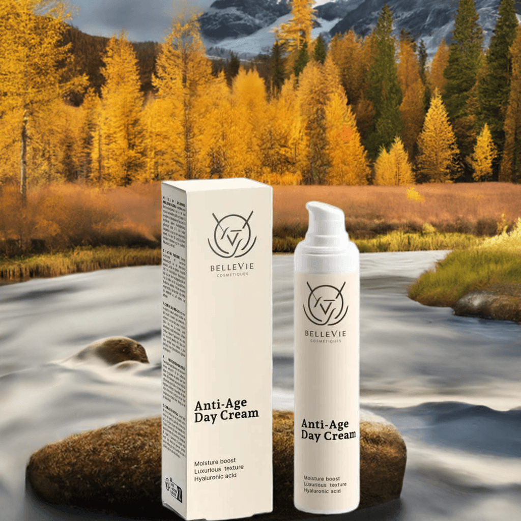 Belleviecosmetic anti-age day cream in a 50ml jar, featuring natural ingredients to hydrate, firm, and smooth fine lines for a youthful glow.
