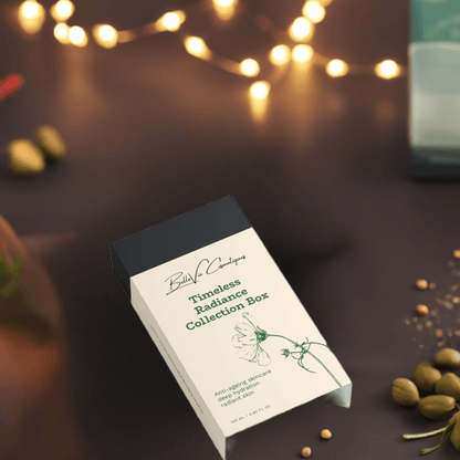 BelleVie Cosmétiques Timeless Radiance Collection box with vegan, cruelty-free anti-aging skincare products in a premium gift set.