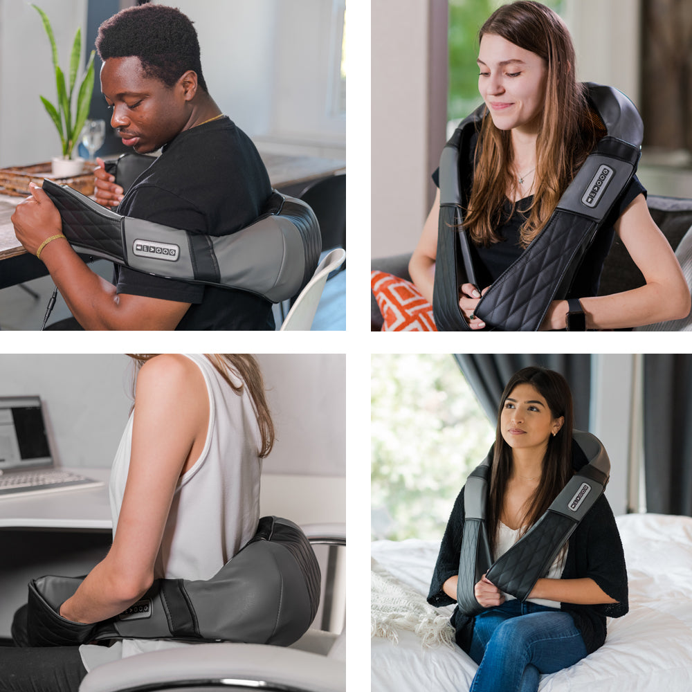 iReliev Shiatsu Neck and Back Massager being used on a person's neck and shoulders for muscle relief and relaxation.