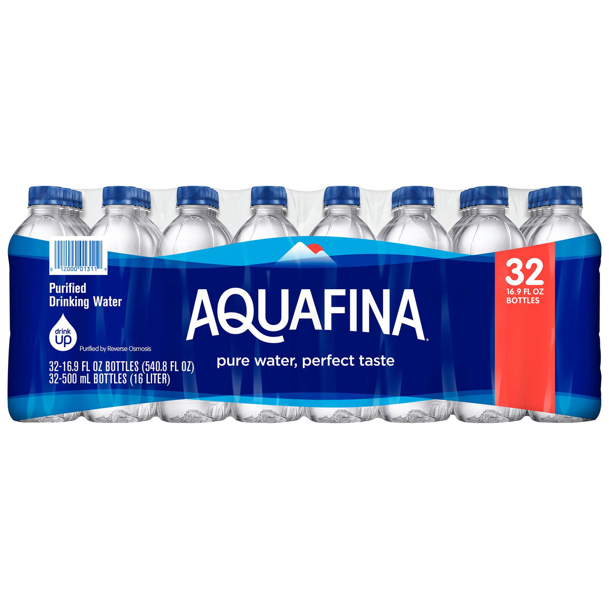 Aquafina purified bottled drinking water in 16.9 oz bottles, 32-pack, by BACKUPMYFILESNOW® with clear water bottles.