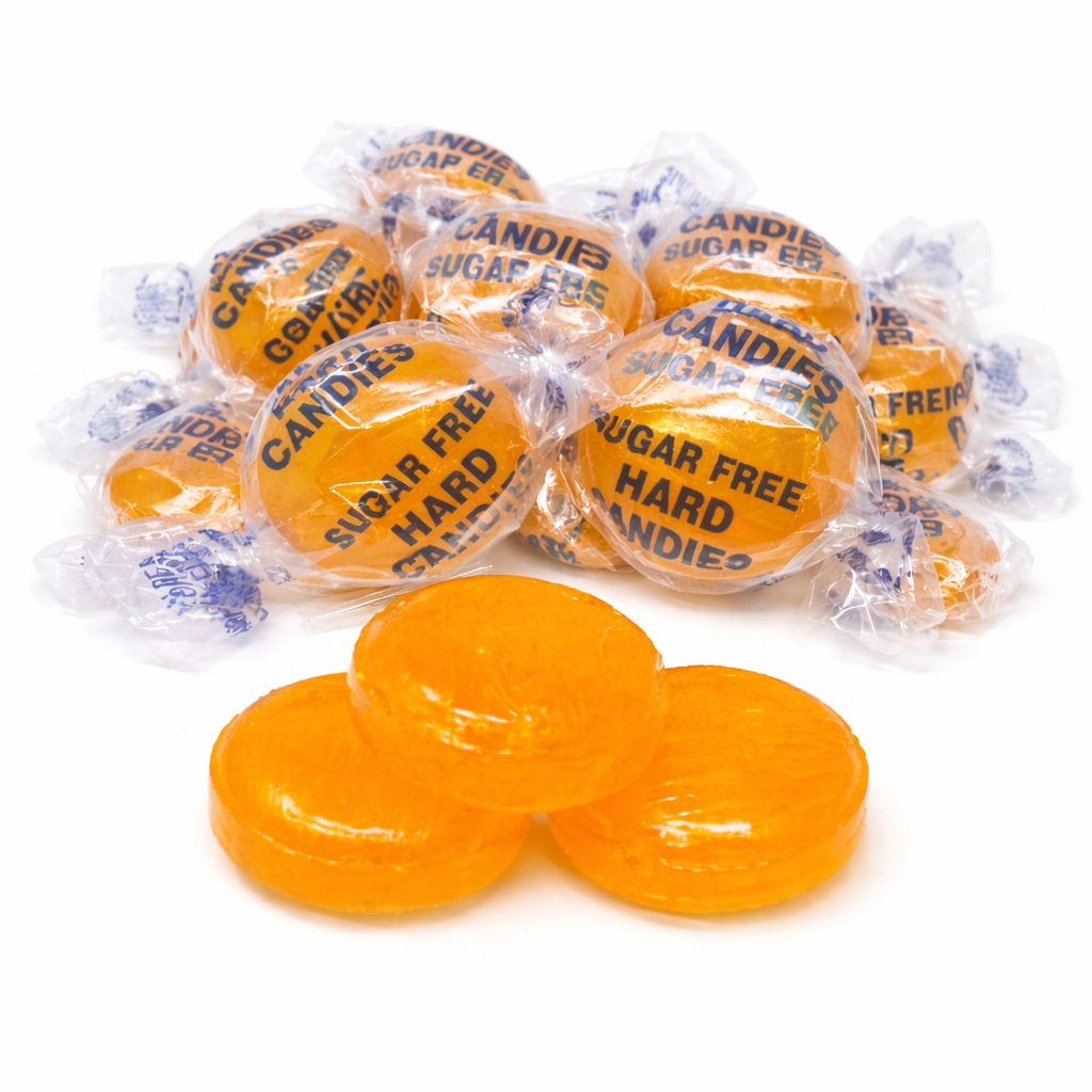 Sugar-free butterscotch hard candy from Arcor in a bulk value bag, showing bright yellow candies with a smooth, shiny surface.