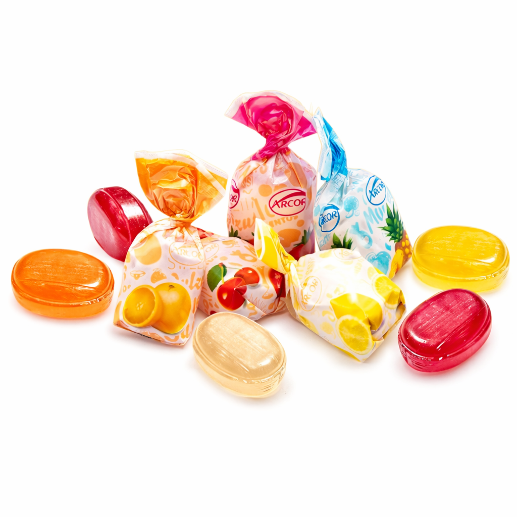 Assorted Arcor fruit-filled hard candies in a bulk value bag, colorful candies with vibrant fruit flavors and shiny wrappers.
