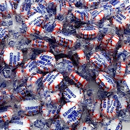 Assorted Arcor Starlight Peppermint Sugar-Free Hard Candies in a clear bulk bag, showcasing bright red and white candies.